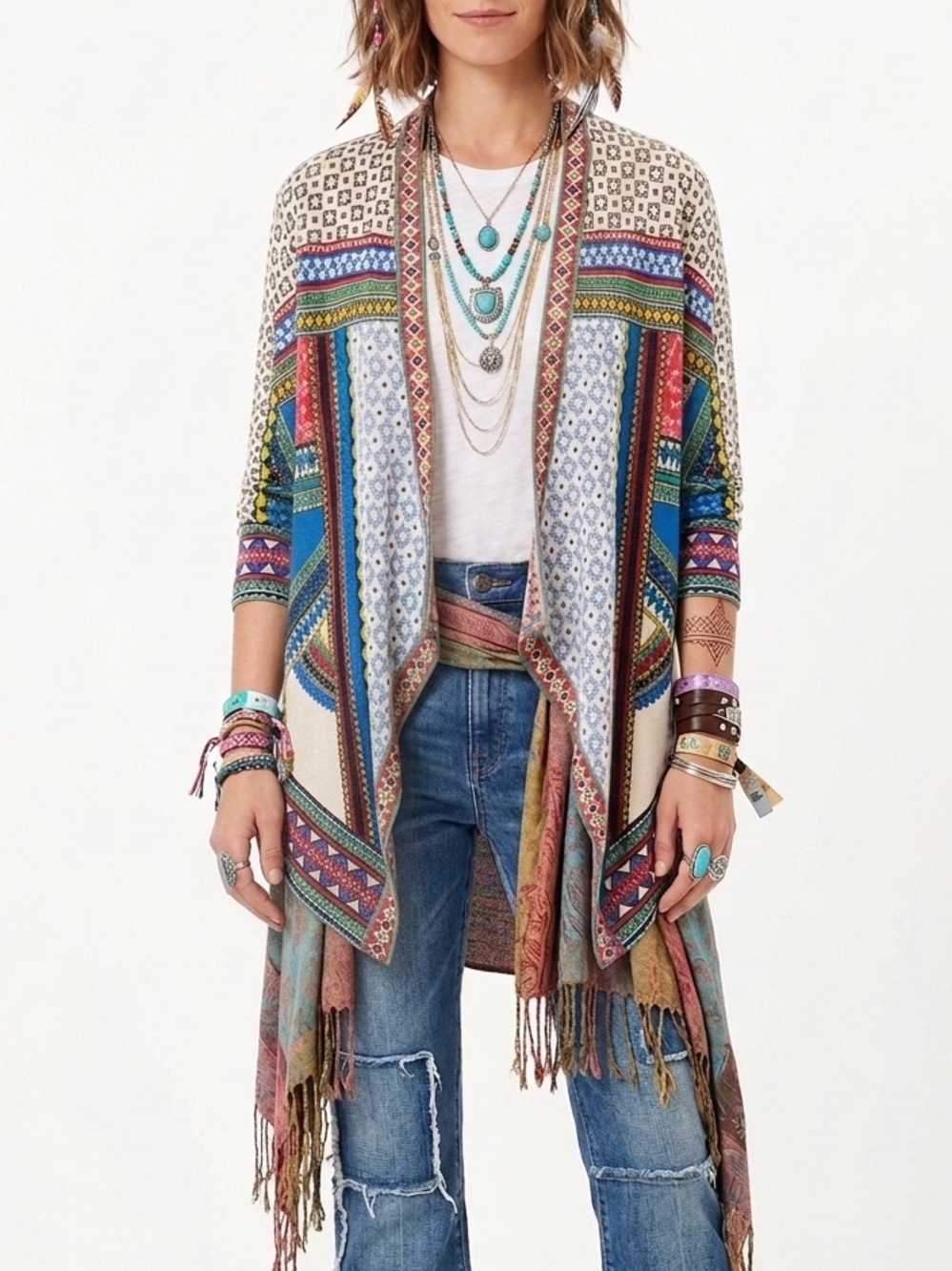 CALIFORNIA MOONRISE Boho Nomad Open Front Cardigan Lightweight Aztec Size Small